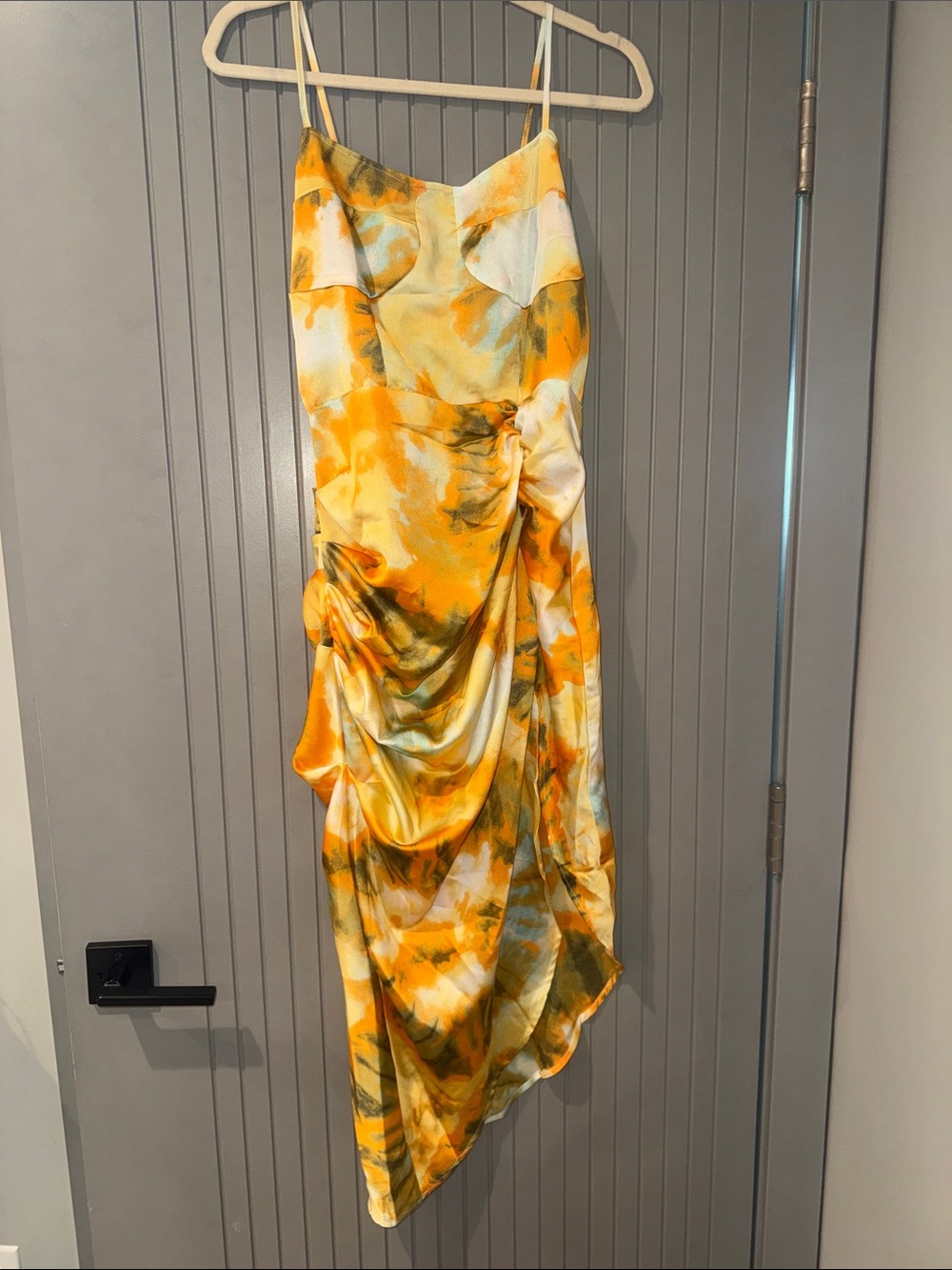 Multicolor Tropical Satin Ruched Slip Dress
